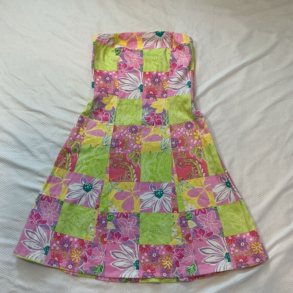 Girls Strapless Patchwork Floral Dress in Pink & Lime